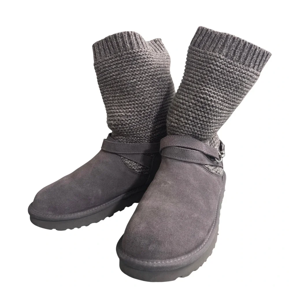 UGG Purl Strap Grey Suede Sweater Knit Mid Calf Cozy Boots 1098080 Womens 11